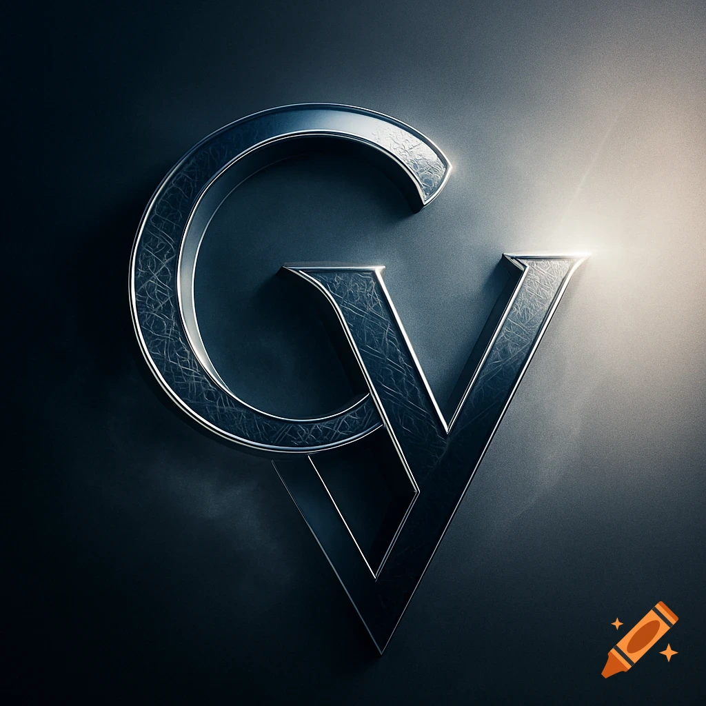 Stylized, metallic 3D rendering of intertwined letters G and V on a ...