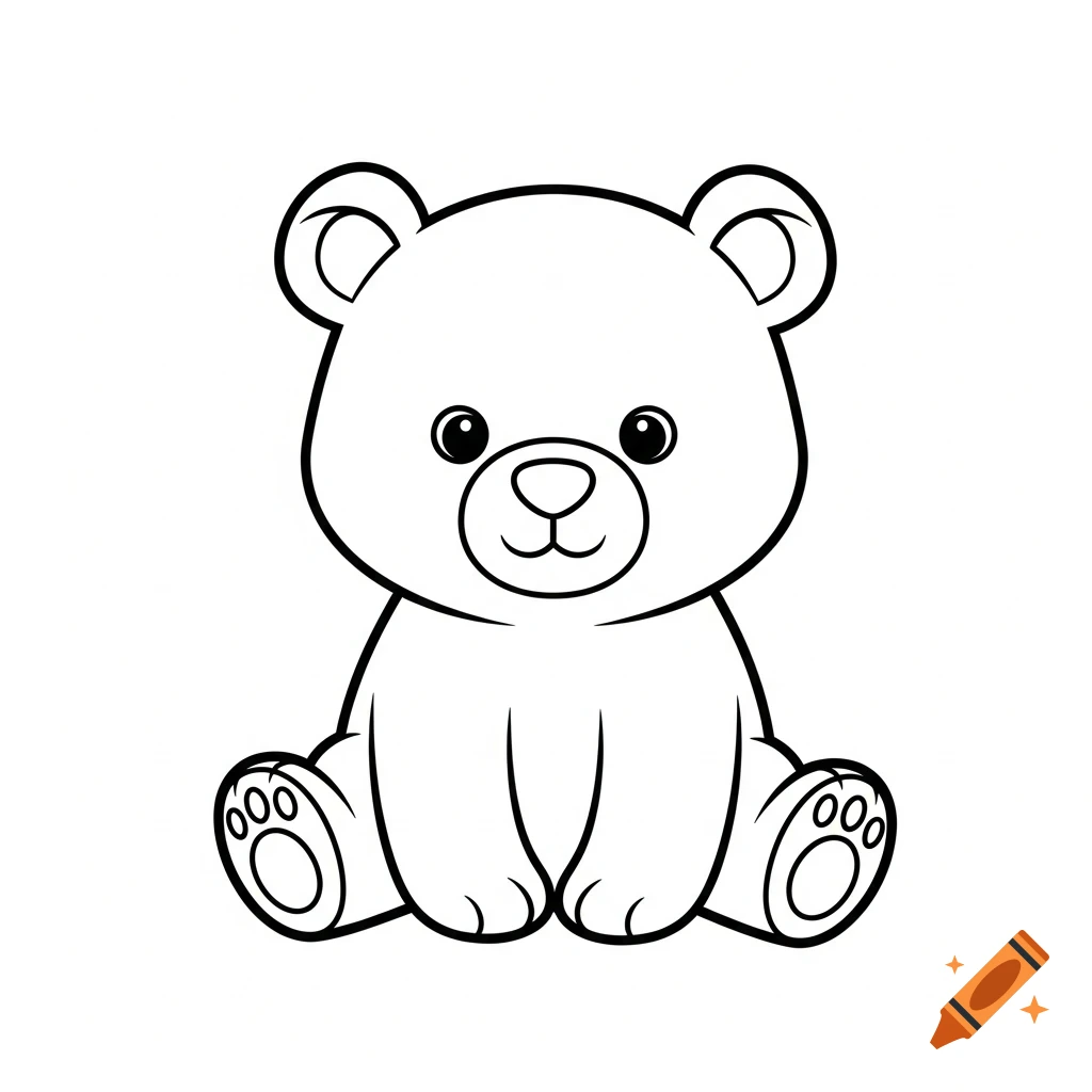 Black-and-white outline drawing of a cute, sitting bear with thick lines, for a coloring book.
