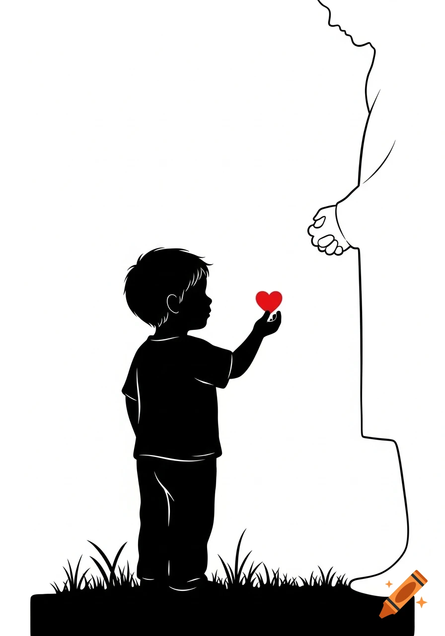 A black silhouette of a small boy offering a red heart to the outline of an adult figure, standing on black grass with a white background.