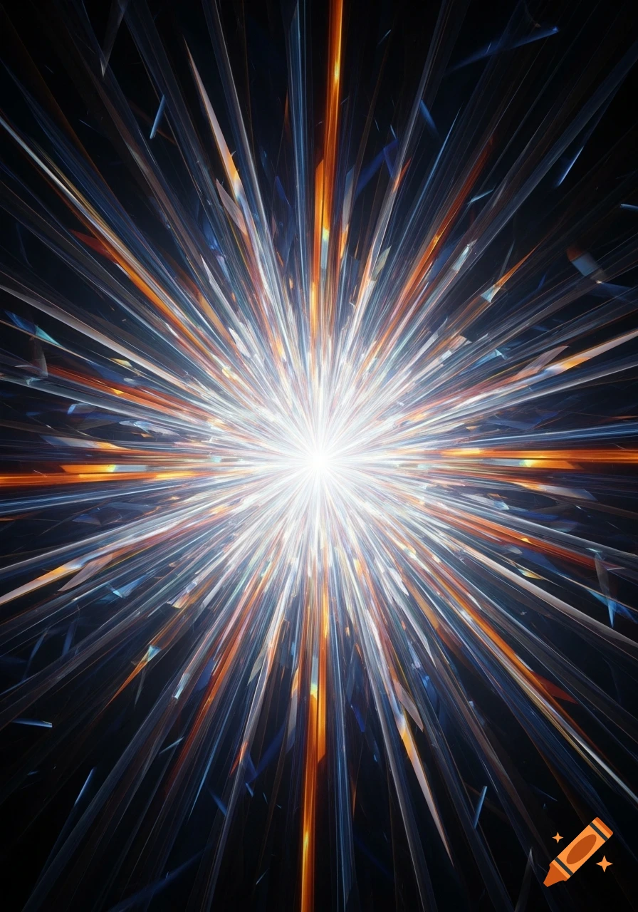Abstract image of a bright white light radiating sharp, crystalline lines in white, orange, and blue against a dark background.