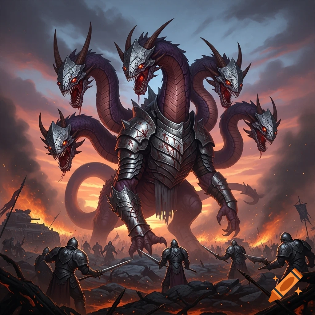 A colossal armored hydra with multiple heads battles knights in a fiery, burning fantasy landscape.