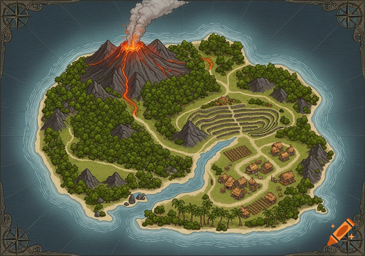 Hand-drawn fantasy map of a volcanic island with an erupting volcano, forests, terraced fields, a river, and a small village.