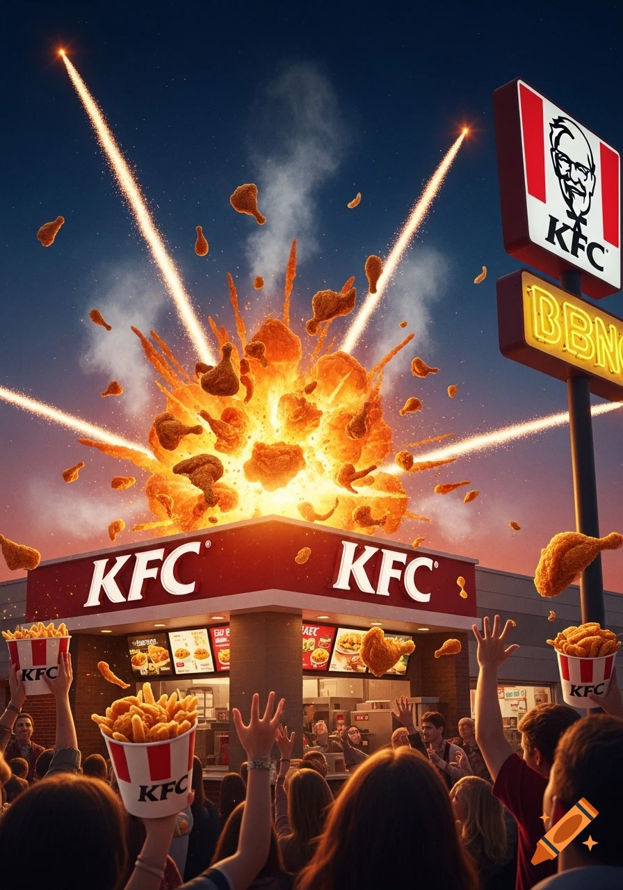 A crowd cheers outside a KFC restaurant as fried chicken pieces explode from the roof, illuminated by bright lights and sparks against a blue sky.