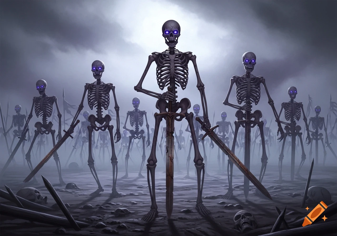 An army of skeletons with glowing purple eyes and rusty swords stands in a misty, dark landscape.