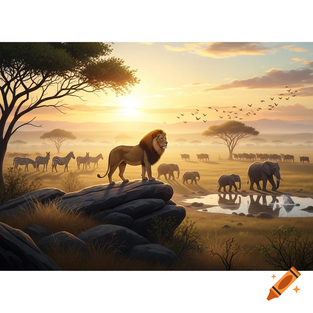 A majestic lion stands on a rock overlooking a vibrant African savanna at sunset, with elephants and zebras in the background.