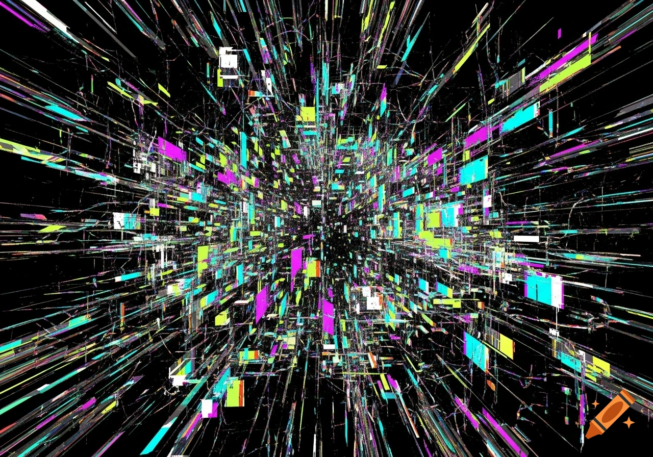 An abstract digital art image featuring a burst of colorful, fragmented lines and blocks in neon pink, cyan, and lime green against a black background, resembling a glitch effect.