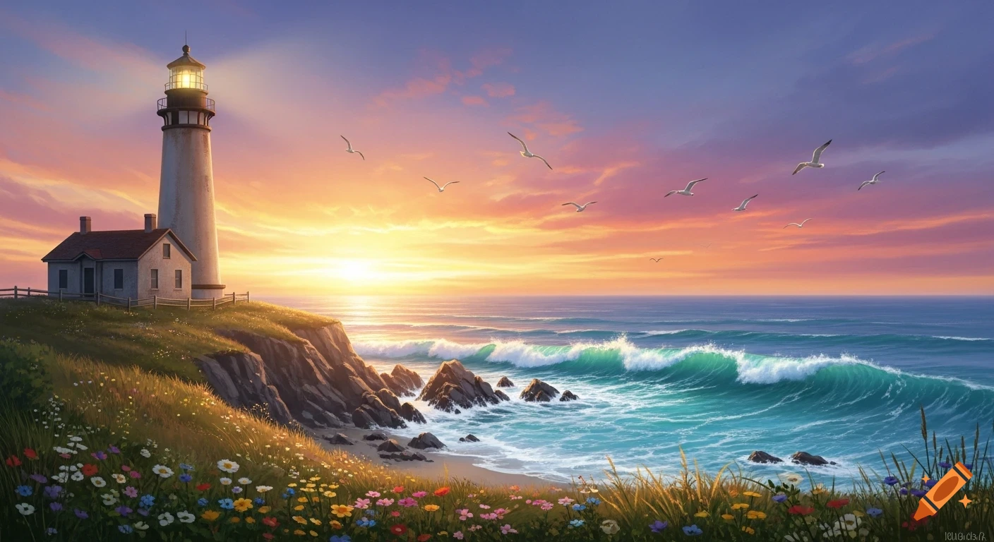 A vibrant painting of a lighthouse and house on a grassy cliff at sunset, overlooking an ocean with crashing waves and wildflowers.