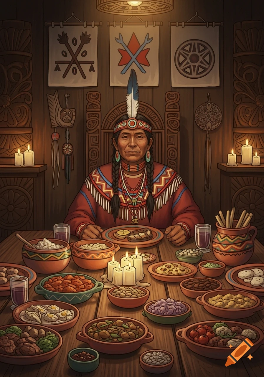 Illustrative portrait of an indigenous person in traditional dress with braids and a feathered headband, seated at a candlelit table overflowing with food.