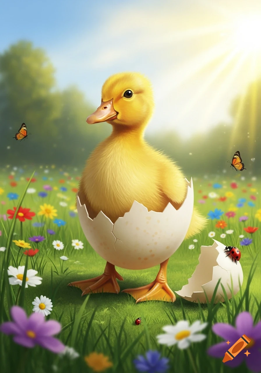 A fluffy yellow duckling emerges from a cracked eggshell in a sunny field of colorful wildflowers with butterflies.