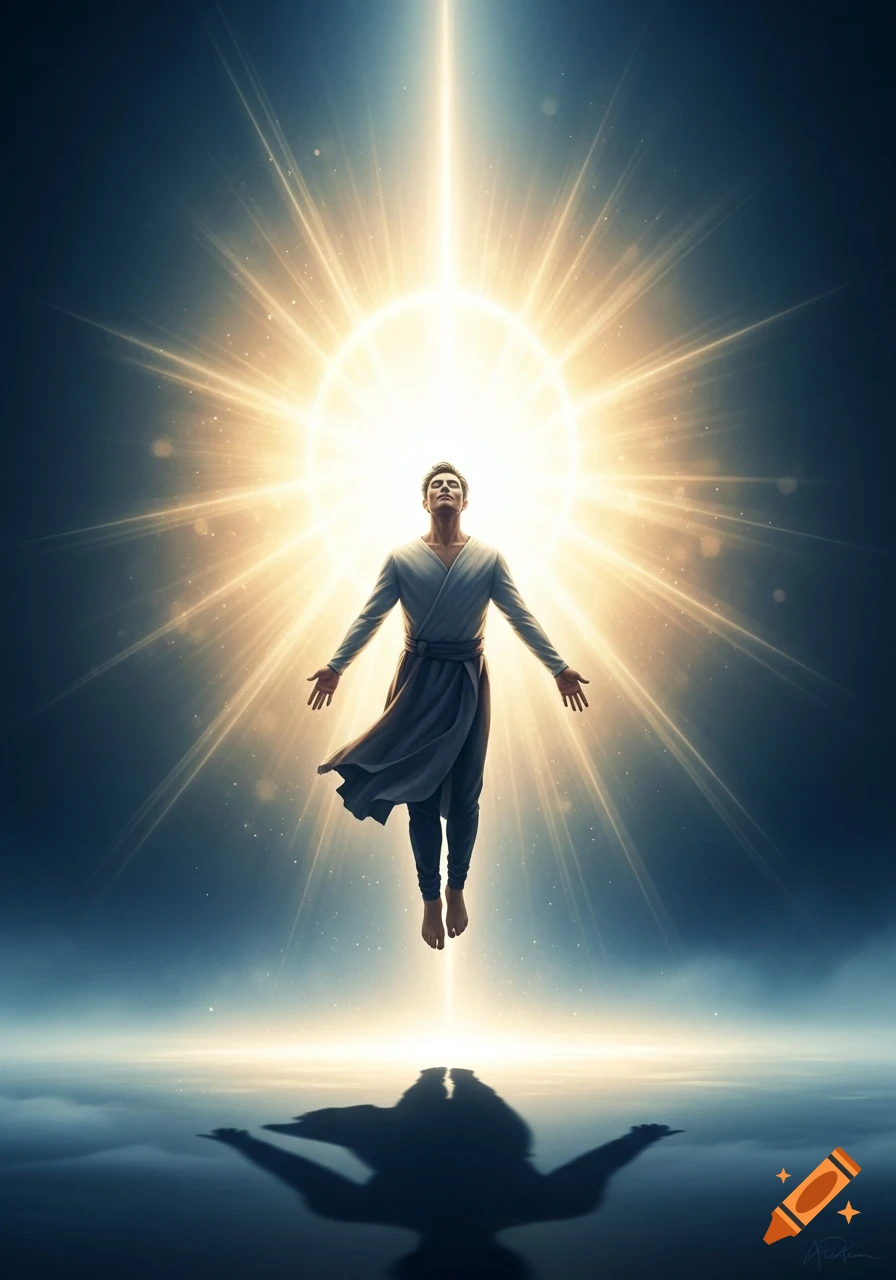 A man levitates upwards towards a brilliant, radiant sun-like light, casting a reflection on a dark, misty surface.