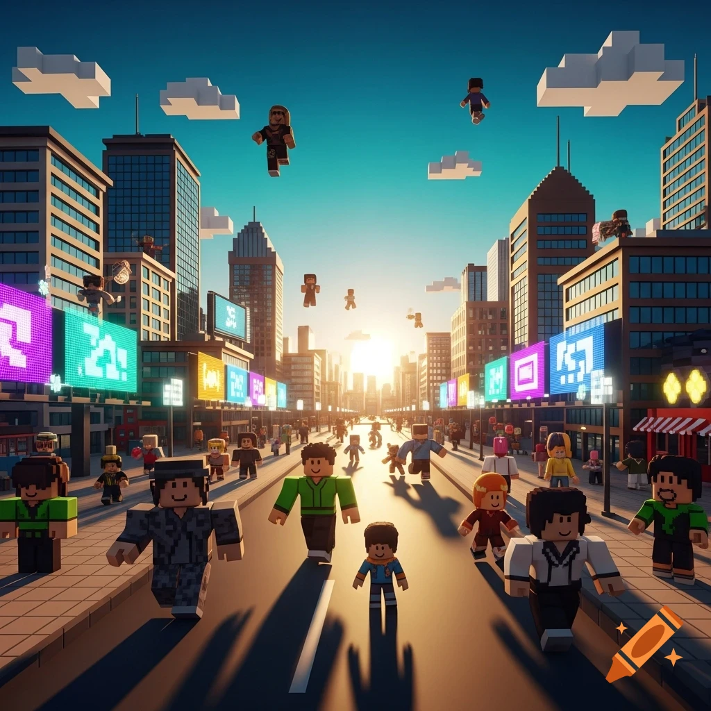 Stylized pixel art city with blocky characters walking and flying down a street at sunset.