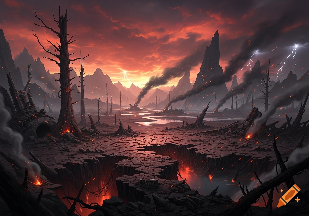 A dark, fiery apocalyptic landscape with cracked earth, dead trees, volcanic activity, smoke, and lightning under a red sky.