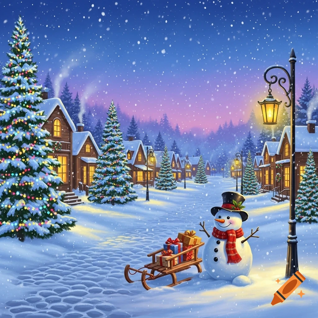 A festive snowy village scene at dusk with a smiling snowman, decorated ...
