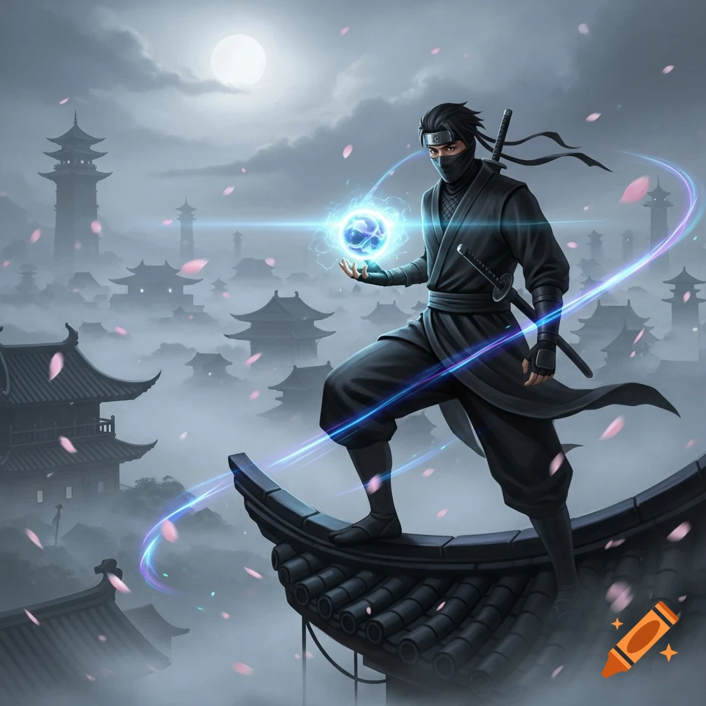 A ninja stands on a misty rooftop at night, holding a glowing blue orb, with traditional Japanese architecture and falling cherry blossoms.