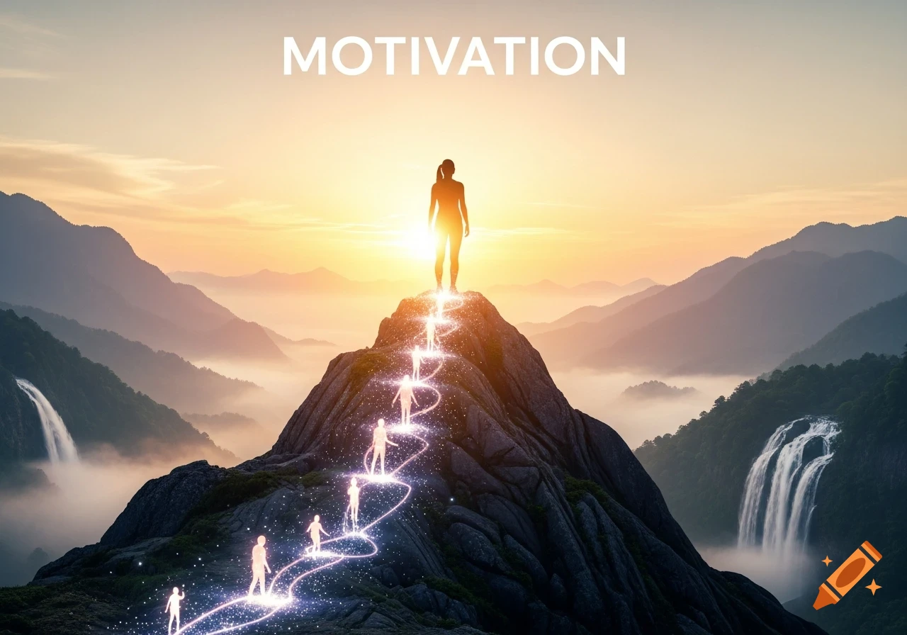 A silhouetted person stands atop a mountain peak at sunrise, with glowing figures ascending a winding path. Text: MOTIVATION.