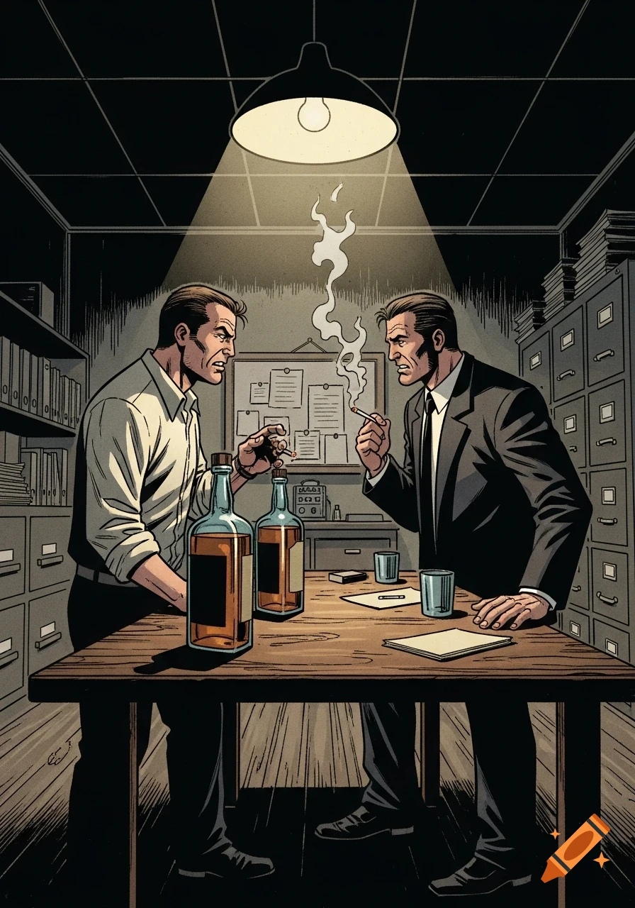 Two men argue in a dimly lit, noir comic book style office, with liquor bottles on a wooden table. One man smokes.