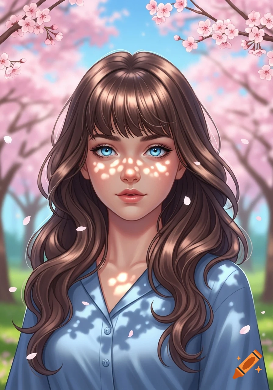 Digital illustration of a girl with wavy brown hair and blue eyes, dappled in sunlight, standing under cherry blossoms.