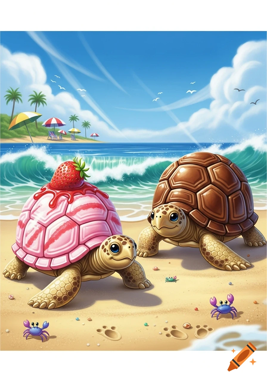 Shelless Turtle Cartoon Two cartoon turtles on a sunny beach, one with a pink strawberry ice ...