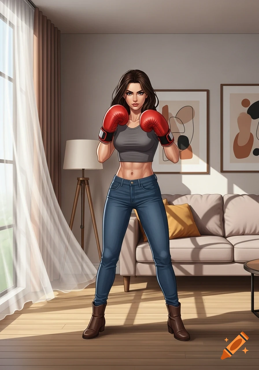 Anime-style illustration of a woman in a gray crop top, jeans, and red boxing gloves in a boxing stance inside a sunny room.