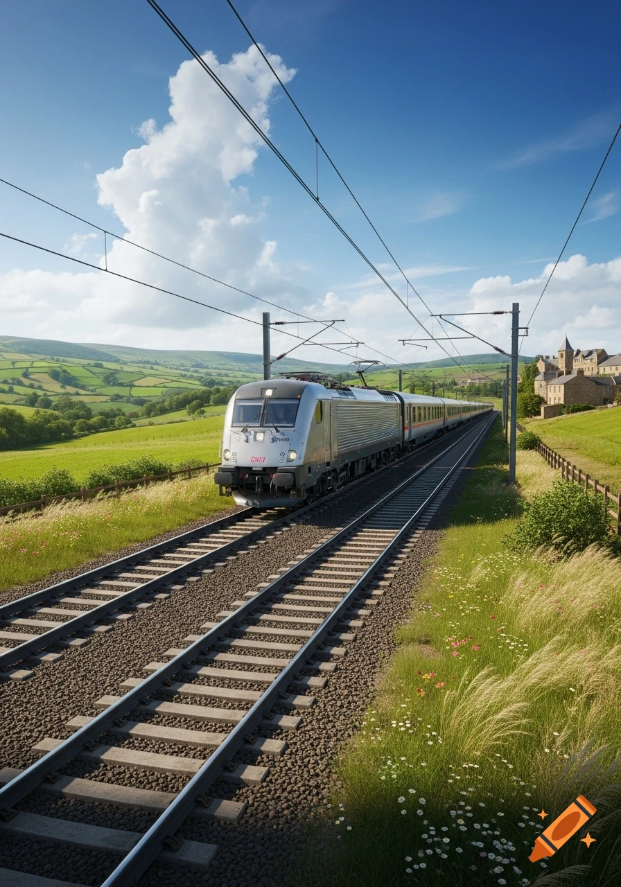 A silver train travels along tracks through a lush green valley with rolling hills, a village, and a blue sky with clouds.