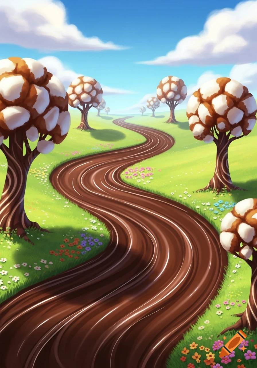 Whimsical illustration of a chocolate milk river winding through a green meadow with trees having white and brown spherical tops.