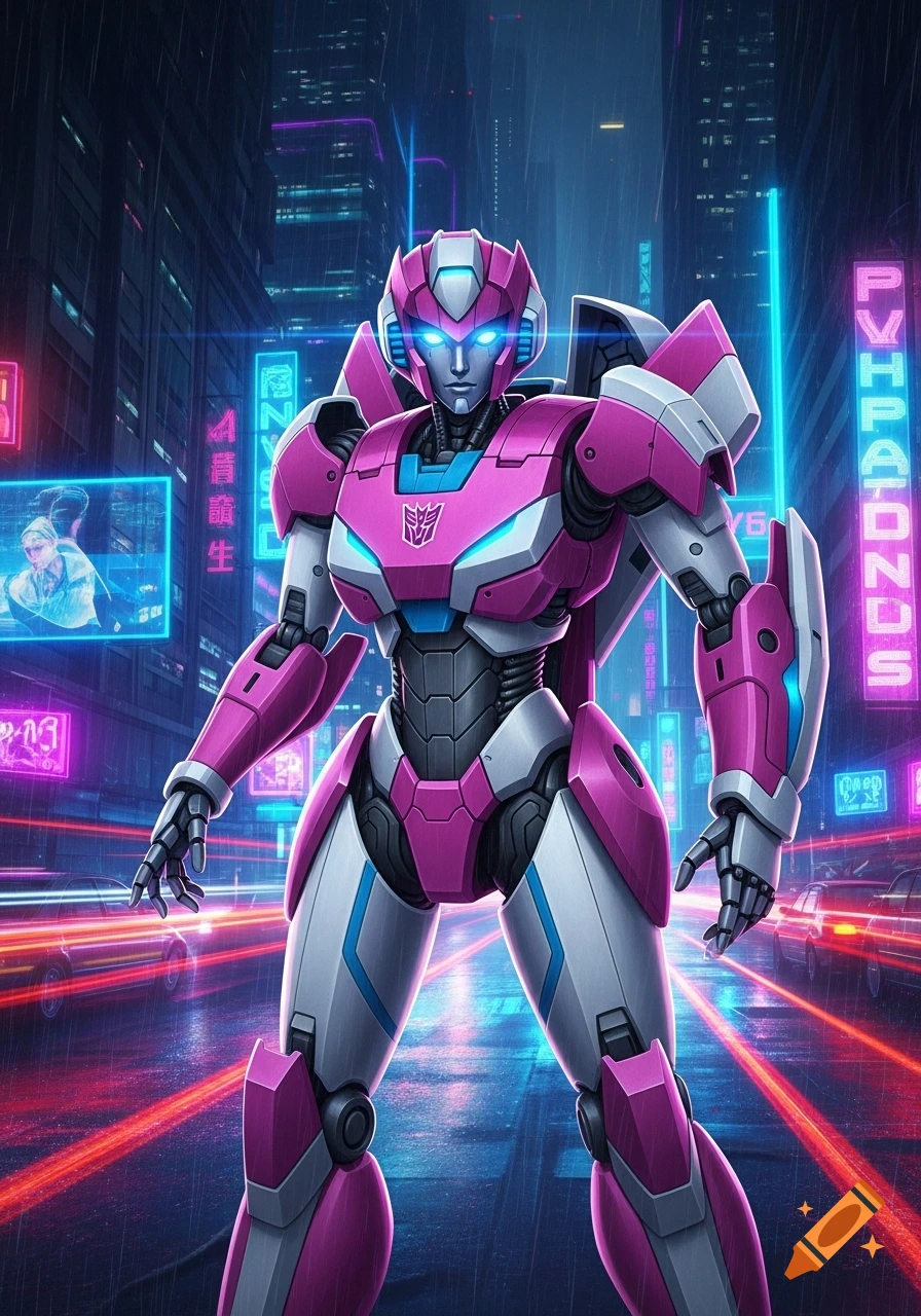Arcee, a pink and white female Transformer robot, stands in a futuristic cyberpunk city with glowing neon signs and rainy streets.