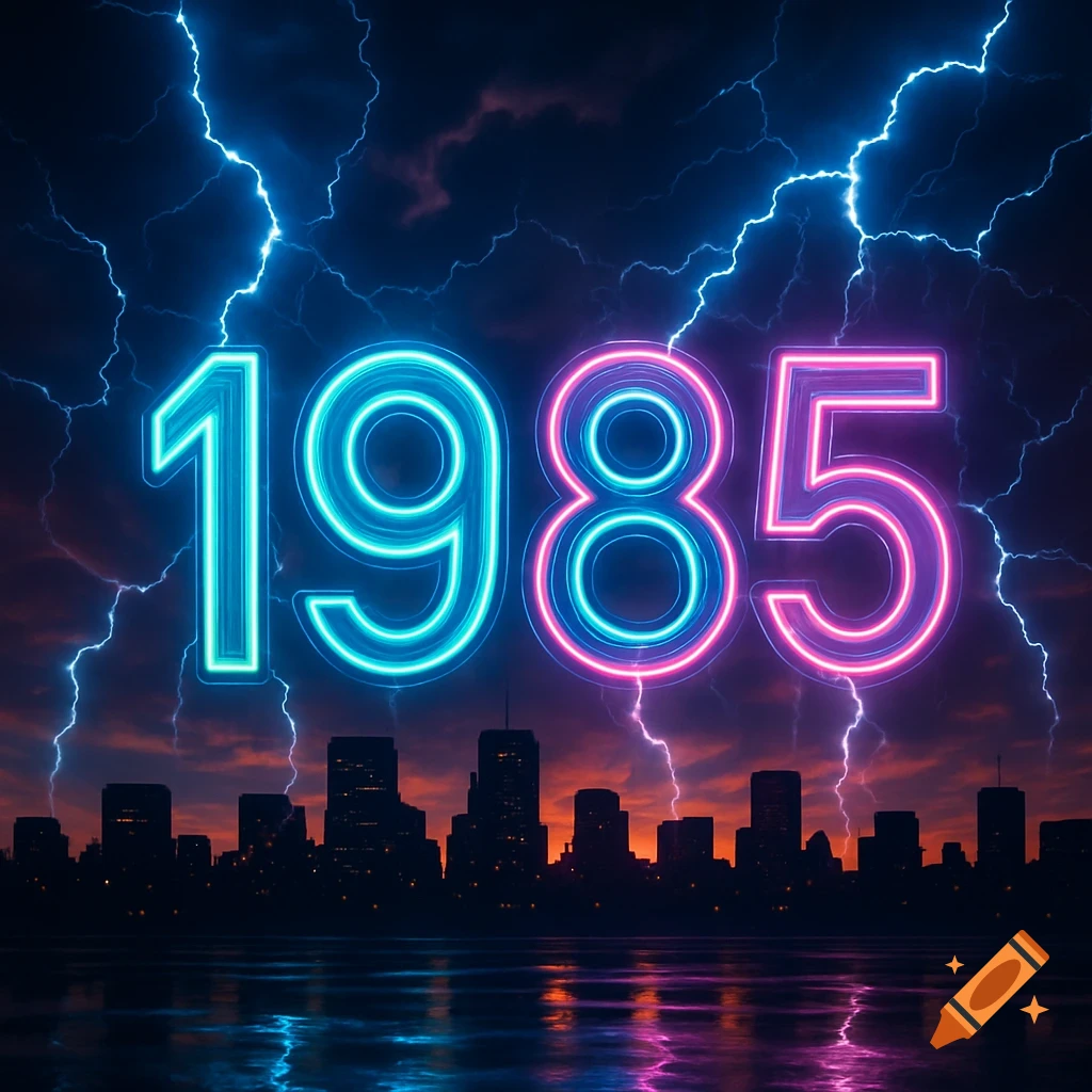 Neon '1985' over a dark cityscape with blue and pink lightning, reflected on water.
