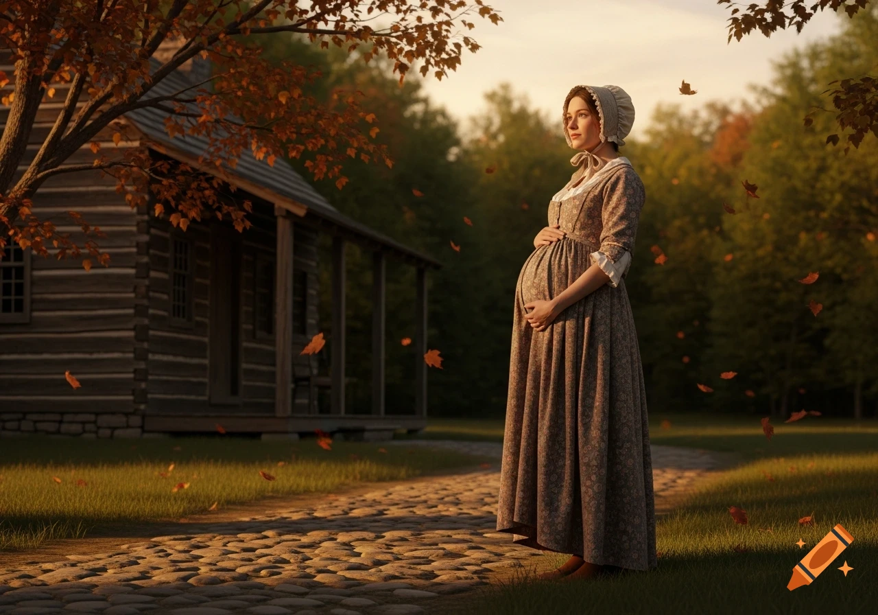 A pregnant woman in a historical bonnet and long patterned dress stands on a cobblestone path near a log cabin during autumn, with falling leaves.