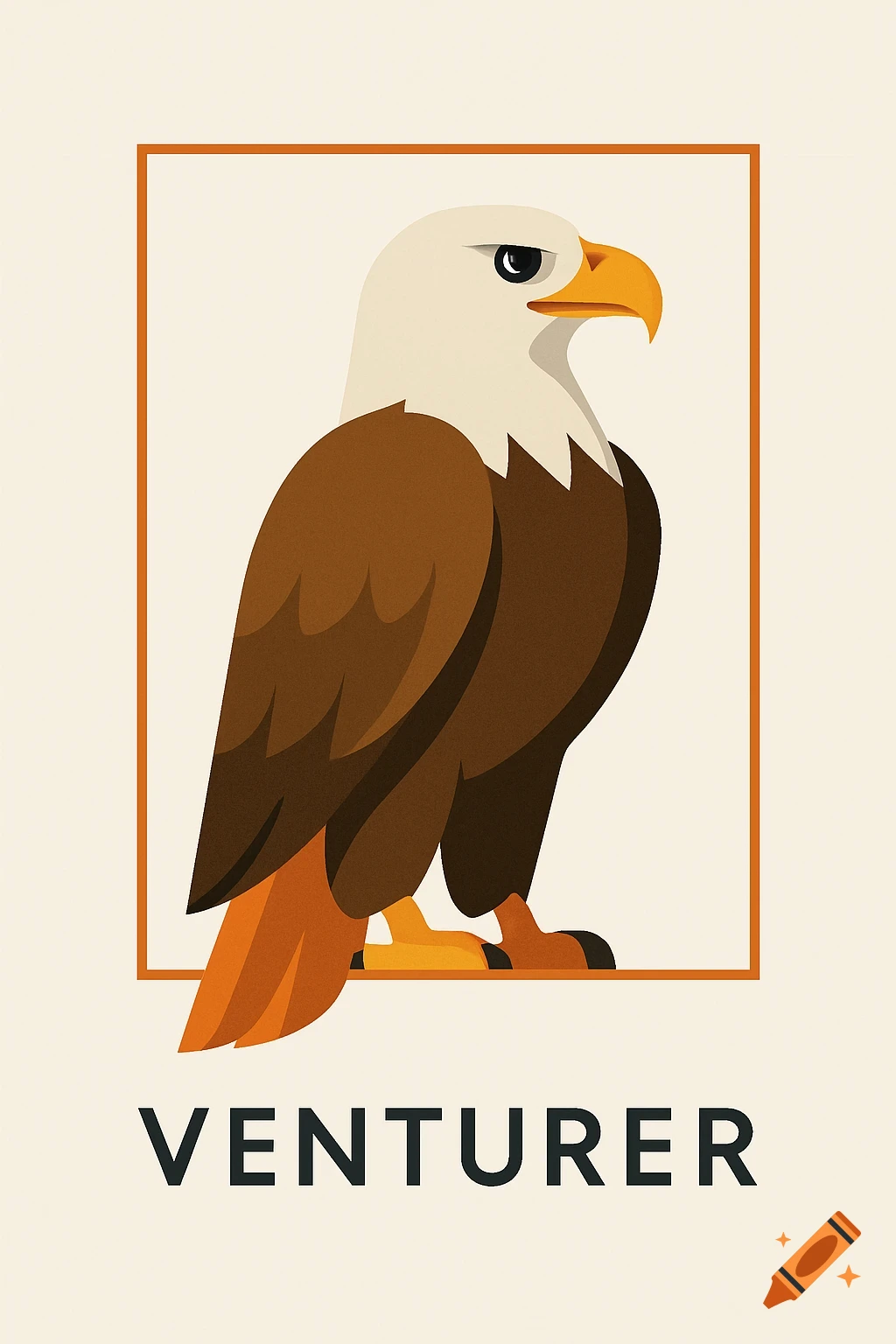 A minimalist modern poster features a stylized brown and white eagle within an orange frame, with the word 'VENTURER' below it.