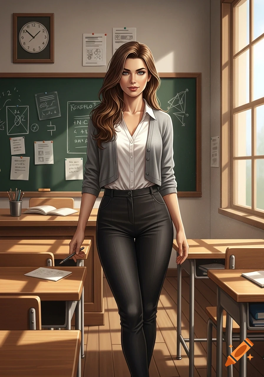 A photorealistic image of a woman teacher with long brown hair, wearing a grey cardigan, white blouse, and black pants, standing in a classroom holding a pen.