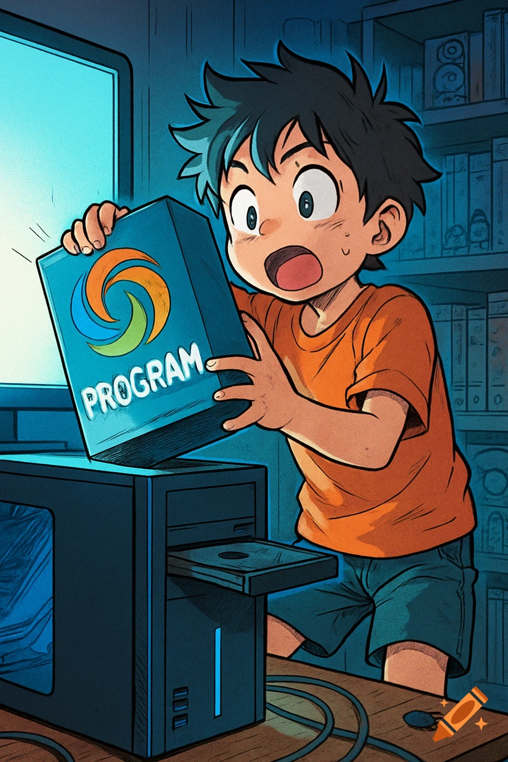 Anime boy with spiky hair looking surprised while trying to insert a box labeled 'PROGRAM' into a computer's disc drive.