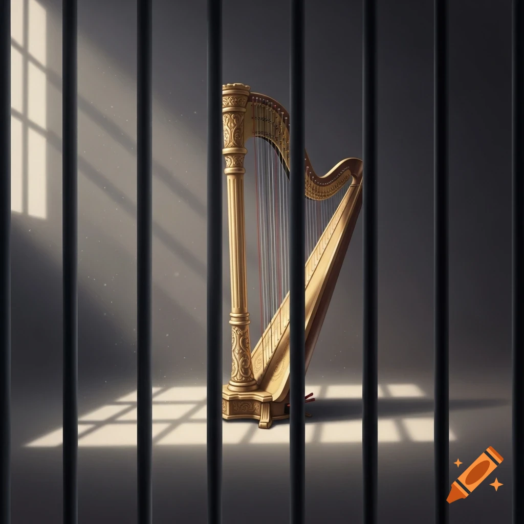 A golden harp stands behind dark prison bars, with sunlight casting window grid shadows on the floor.
