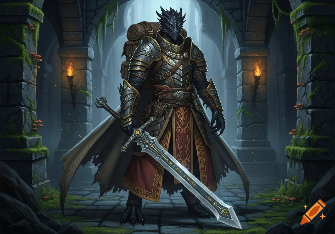A black-scaled Dragonborn warrior in detailed armor and a cloak, carrying a large two-handed sword, stands in a mossy dungeon.