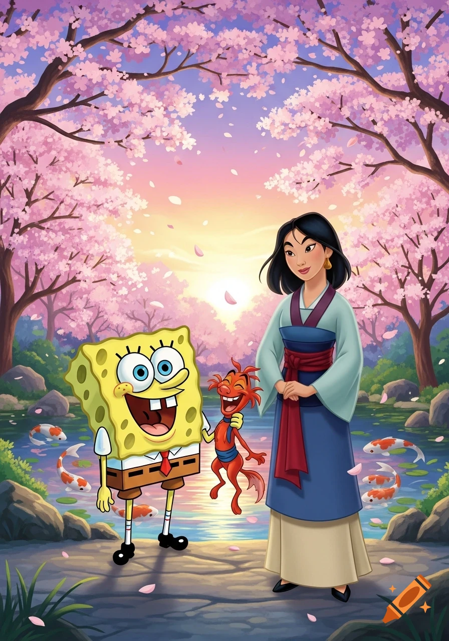 SpongeBob, Mulan, and Mushu stand in a colorful cherry blossom garden with koi fish and a sunset sky, in an animated style.