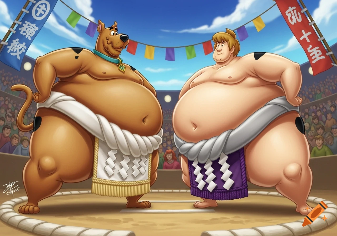 Cartoon image of obese Scooby Doo and Shaggy as sumo wrestlers in a wrestling ring, wearing mawashi and facing each other, under a blue sky with banners.