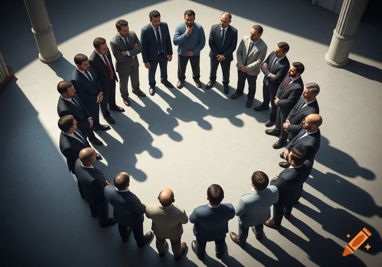Men in suits stand in a circle on a concrete floor with long shadows, viewed from above in a bright room with pillars.