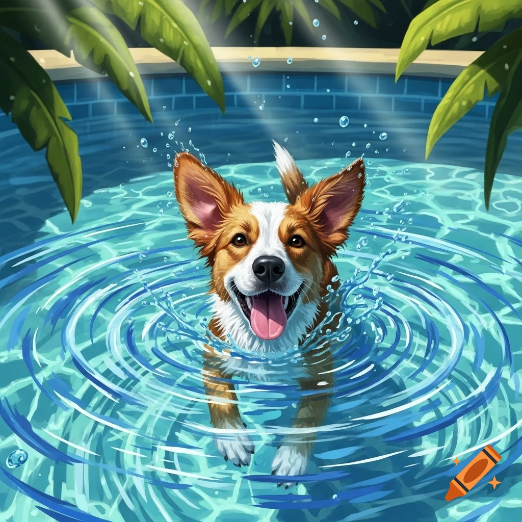 A happy, illustrated corgi dog swims and splashes in a bright blue pool with green leaves overhead.