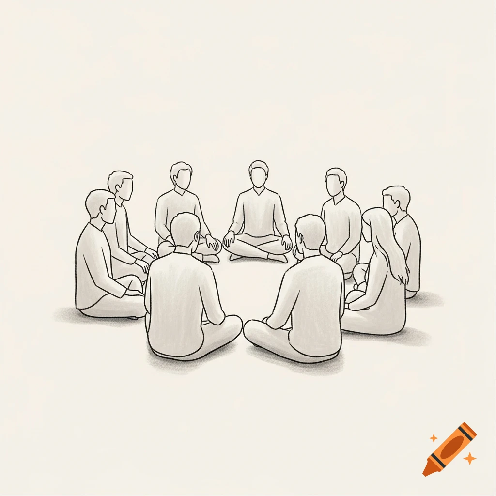 Minimalist line drawing of several people sitting in a circle, facing inwards, with light gray shading.