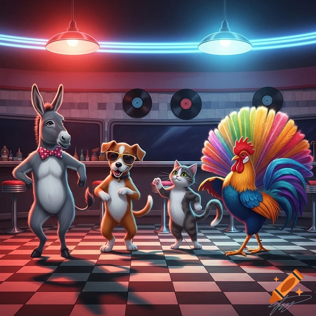 Cartoon donkey, dog, cat, and colorful rooster dancing in a retro diner with neon lights.