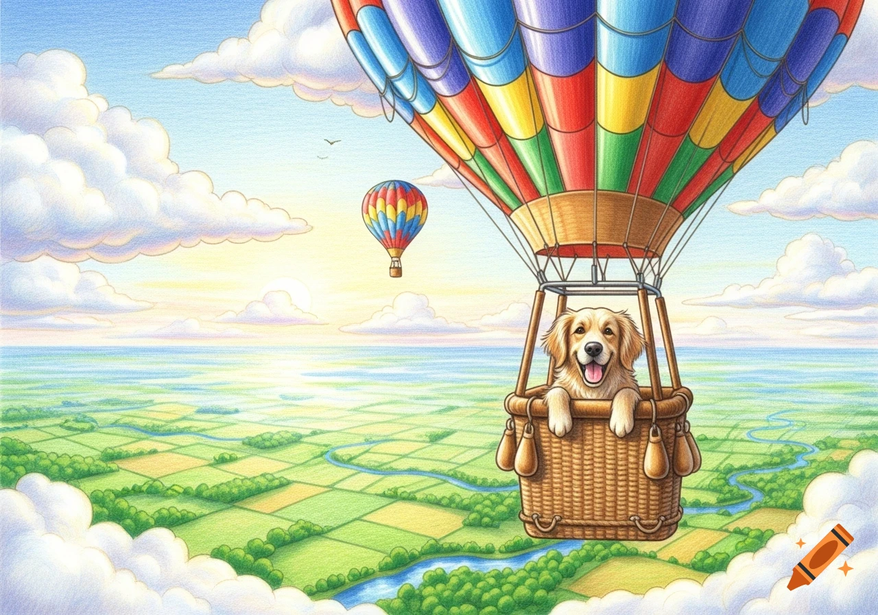 A happy golden retriever in a colorful hot air balloon floats over a green landscape with clouds and a bright sky, drawn in colored pencil.