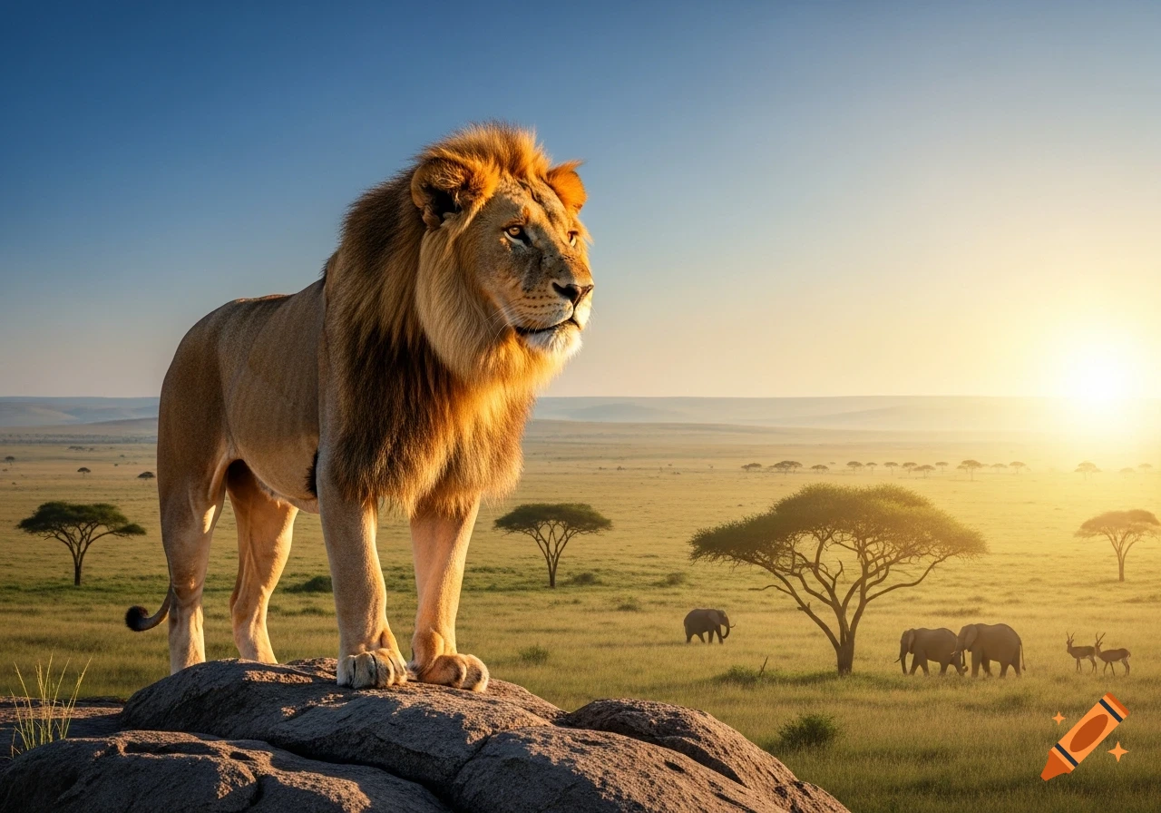 A majestic lion stands on a rock in a golden savanna at sunset, with elephants and acacia trees in the background.