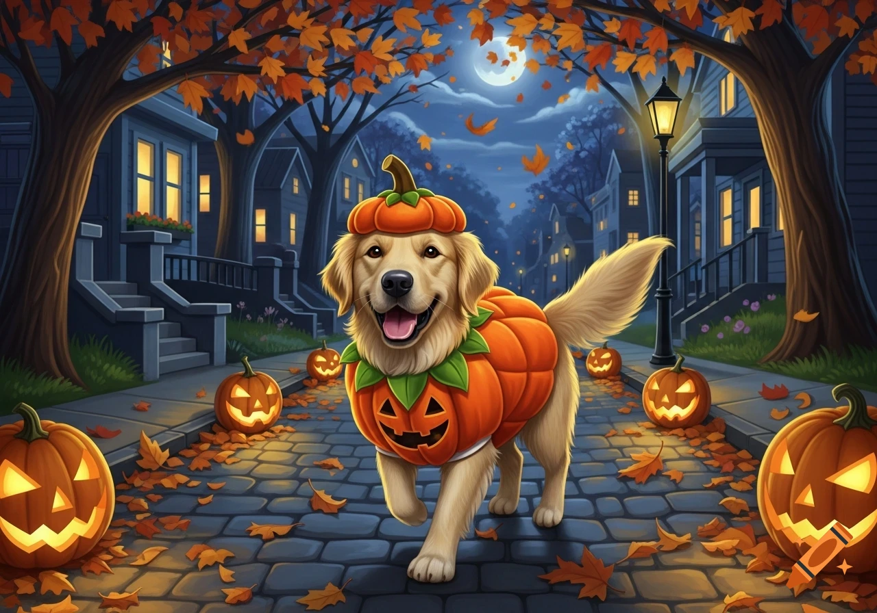 Happy Golden Retriever in a pumpkin costume walks down a street at ...