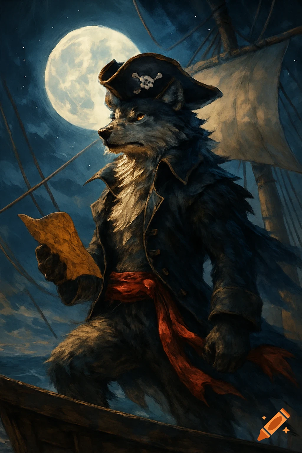 An illustrated fantasy image of a wolf pirate standing on a ship under a full moon, holding a map.