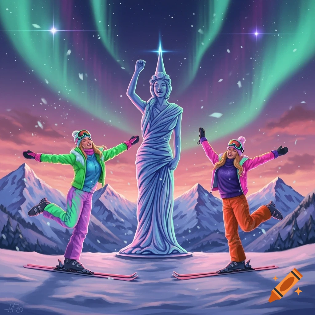 Two women on skis celebrate enthusiastically in front of a white statue, under a sky lit by vibrant green and purple aurora borealis and falling snow, set against a backdrop of snowy mountains.