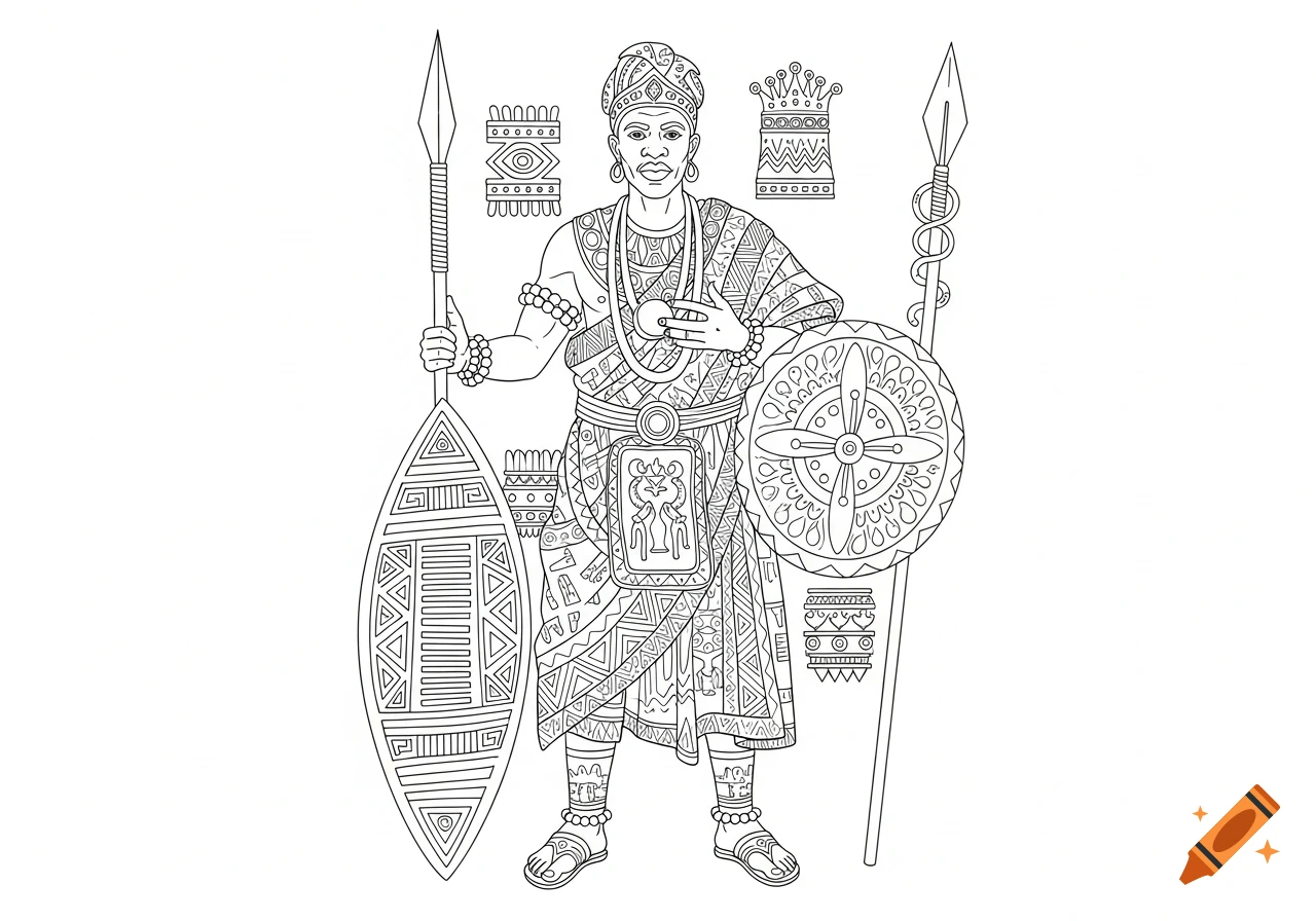 Black and white line art coloring page of a Yoruba warrior king holding a spear and shield, adorned in traditional patterned attire.