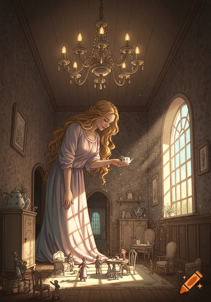 Giant blonde woman in a long dress holds a tiny teacup, looking at small people playing in a sunlit room with a large window, illustration.
