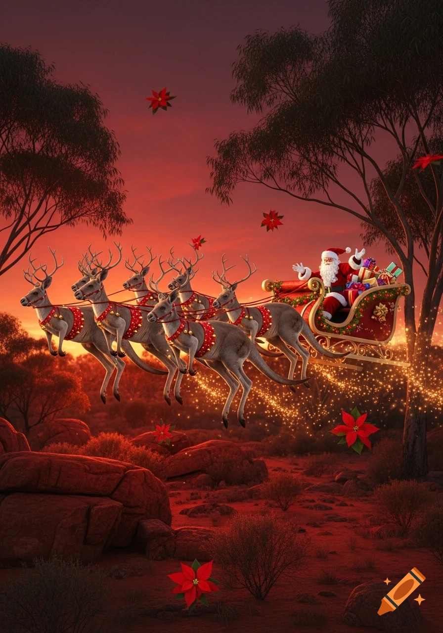 Photorealistic Santa in a sleigh pulled by six kangaroos flying over a red Australian Outback at sunset, with magical sparks and poinsettias.
