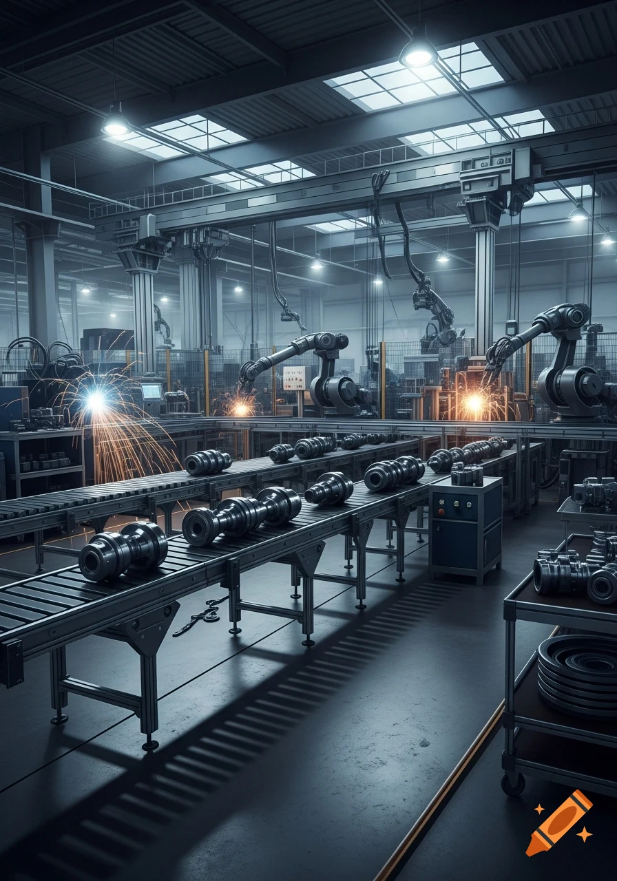 A photorealistic depiction of an automated factory floor with robotic arms welding metal parts on a conveyor belt, producing sparks.