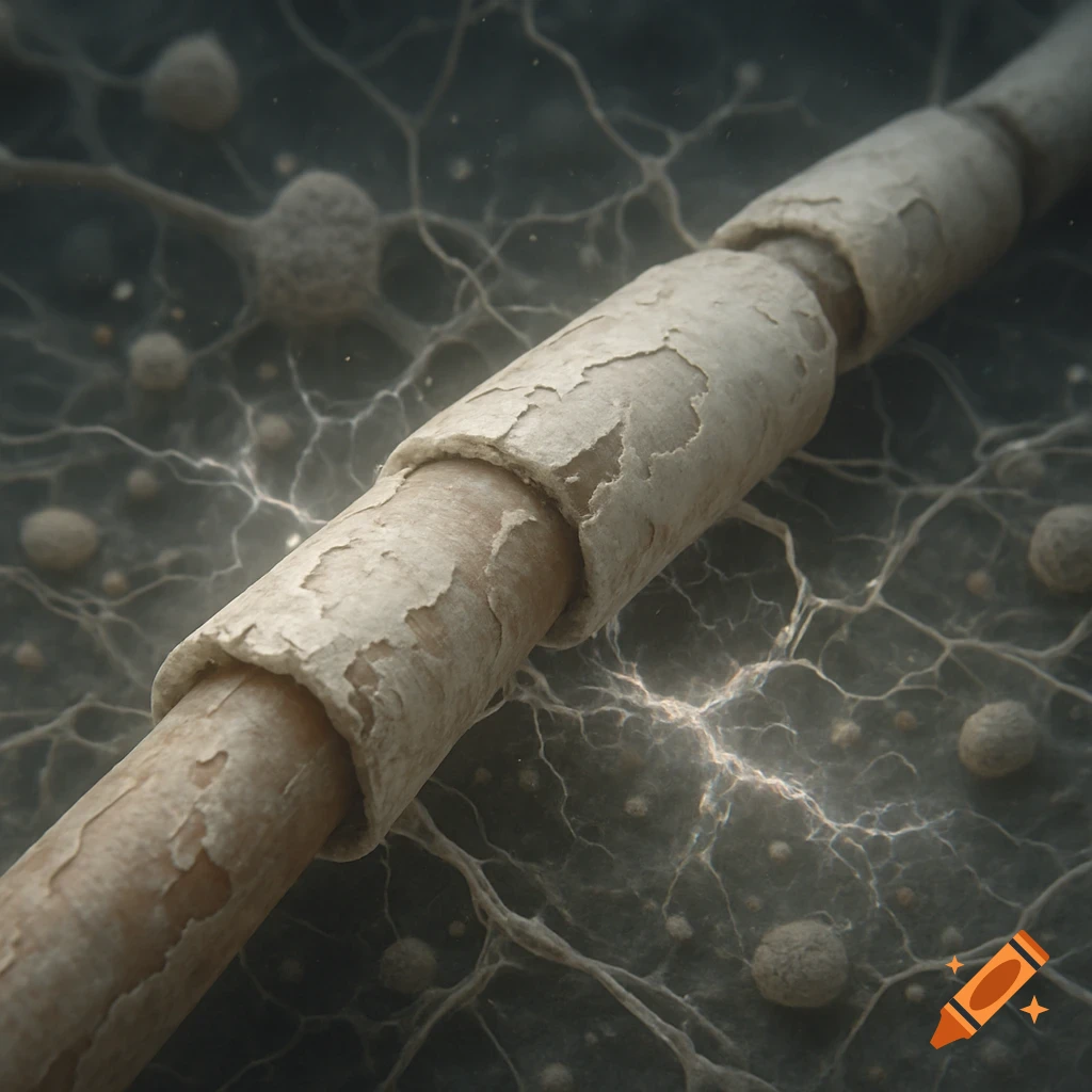 Microscopic view of a nerve fiber with a damaged, peeling myelin sheath and surrounding cellular network.