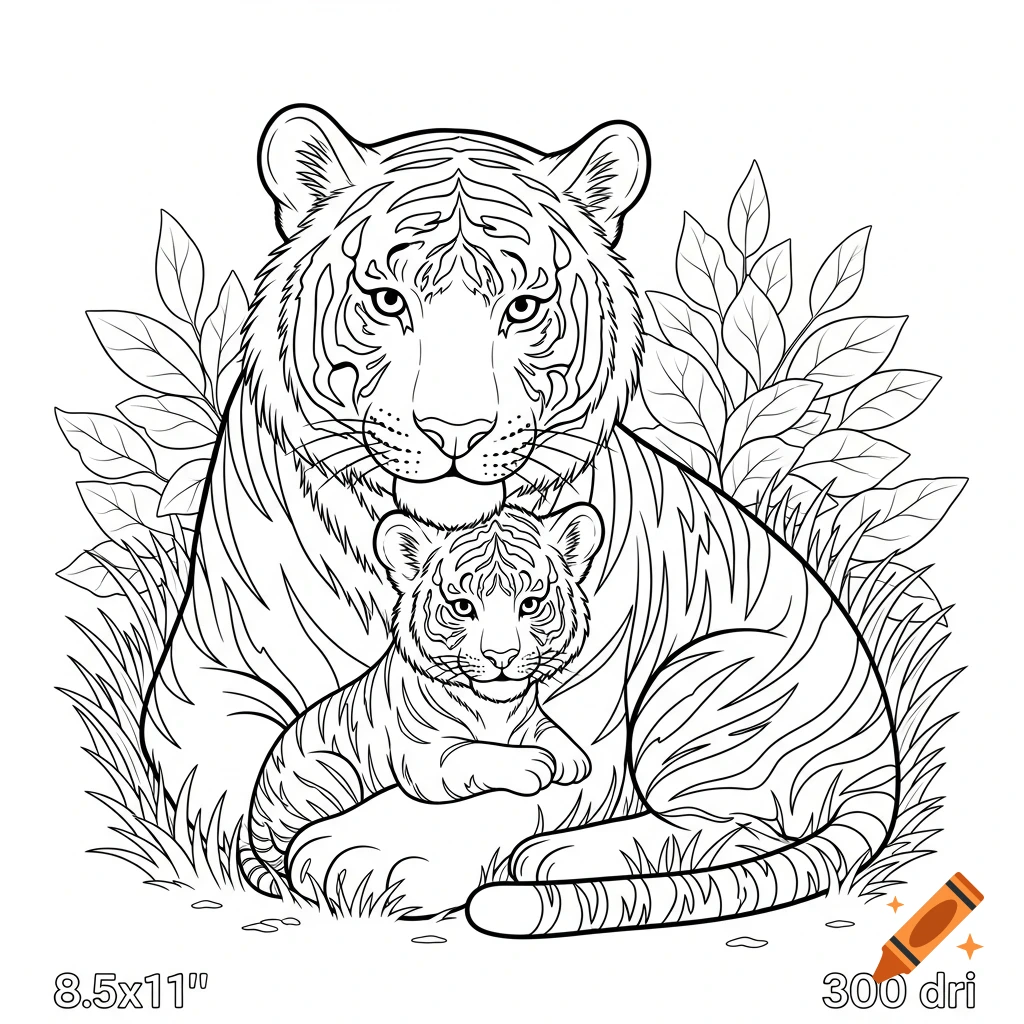 Line art of a mama tiger cuddling its cub in grass with leaves in the background, suitable for a coloring page.
